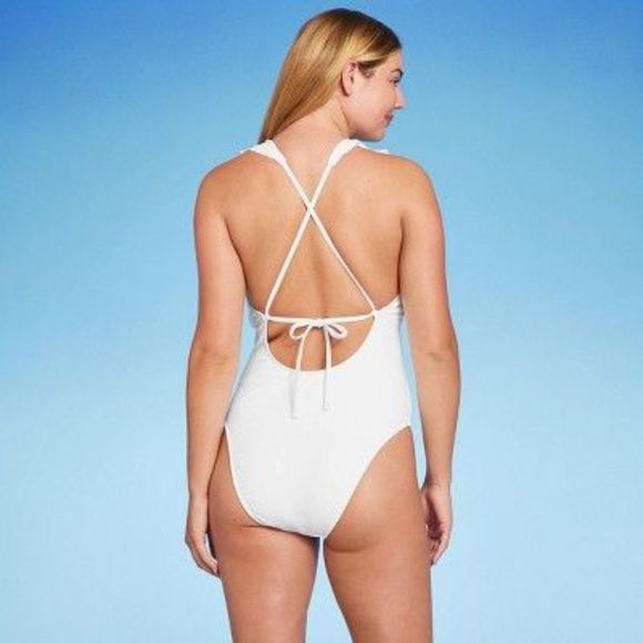 Women's Plunge Flounce Neckline One Piece Swimsuit - Shade & Shore White L - Picture 3 of 5